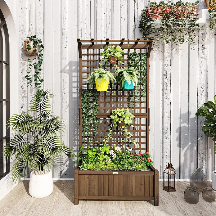 Outsunny Hochbeet - 90 x 45 x 183 cm, Holz, Kaffeebraun - Dunkelbrauner Blumenkasten aus Holz mit integriertem Rankgitter, gefüllt mit Pflanzen und Blumen, in einer Außeneinstellung.