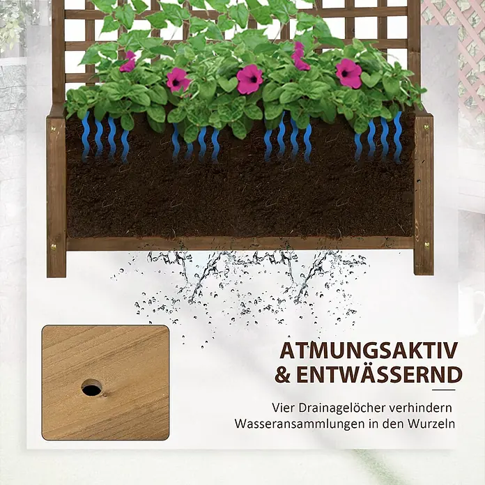 Outsunny Hochbeet - 90 x 45 x 183 cm, Holz, Kaffeebraun - Hölzerner Pflanzkasten mit Spalier und pinken Blumen, zeigt Bodendrainage und ein Ablaufloch für Wasser.