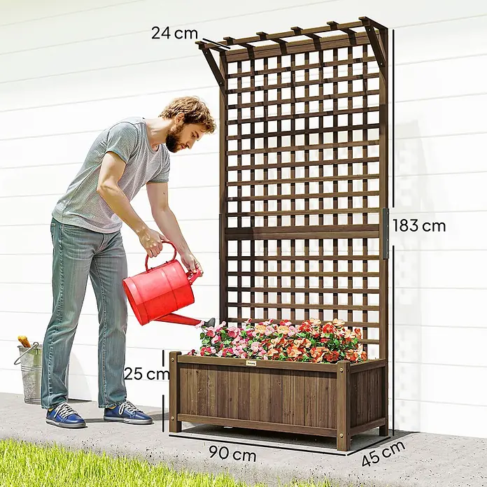 Outsunny Hochbeet - 90 x 45 x 183 cm, Holz, Kaffeebraun - Dunkelbrauner Holzpflanzkasten mit Spalier, gefüllt mit Blumen. Ein Mann gießt Pflanzen, seine Maße: 90cm B, 45cm T, 183cm H.