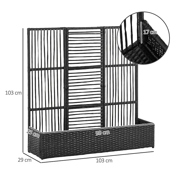 Outsunny Hochbeet - Stahl, Schwarz - Schwarzer Rattan-Pflanzkasten mit Spalier, Maße angezeigt.