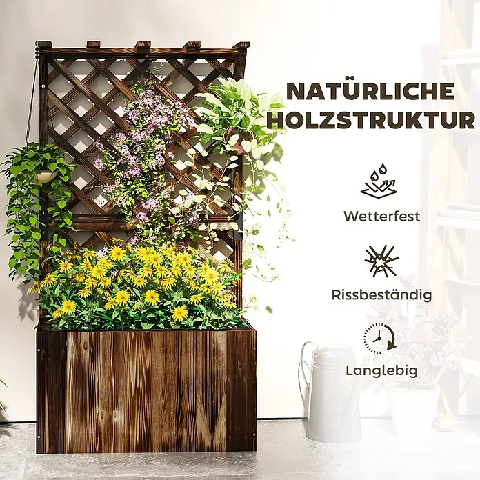 Furnicato Hochbeet - 64 x 33 x 122 cm, Holz, Verkohlt - Dunkelbrauner hölzerner Pflanzkasten mit integriertem Spalier, der verschiedene Kletterpflanzen und Blumen trägt.