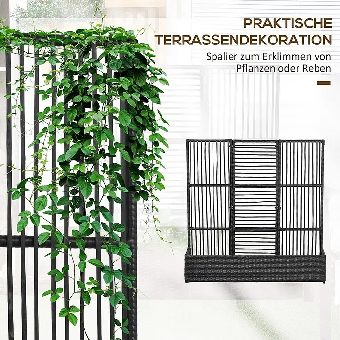 Outsunny Hochbeet - Stahl, Schwarz - Dunkelbraunes Rattan-Spalier mit Kletterpflanze, dient als praktische Terrassendekoration.