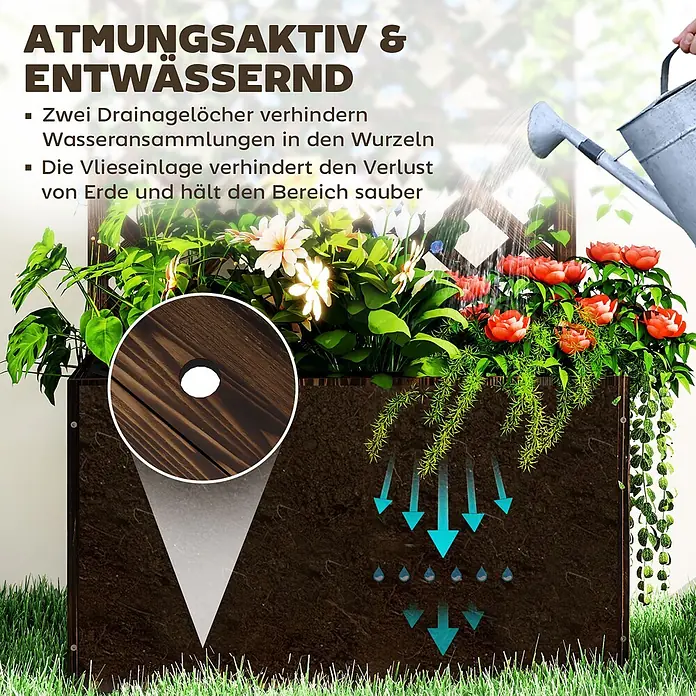 Furnicato Hochbeet - 64 x 33 x 122 cm, Holz, Verkohlt - Hölzernes Hochbeet mit Drainagesystem (Löcher & Vlieseinlage) für gesundes Pflanzenwachstum, gefüllt mit Blumen und bewässert.