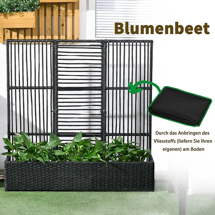 Outsunny Hochbeet - Stahl, Schwarz - Schwarzes Rattan-Blumenbeet mit integriertem Rankgitter als Sichtschutz, gefüllt mit grünen Pflanzen.