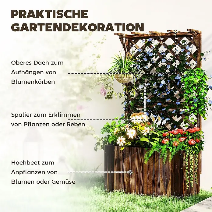 Furnicato Hochbeet - 64 x 33 x 122 cm, Holz, Verkohlt - Hölzernes Hochbeet mit integriertem Spalier für Kletterpflanzen und einer oberen Stange zum Aufhängen von Blumenkörben.