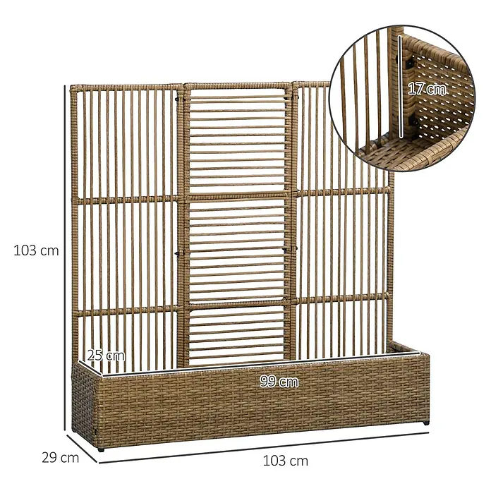 Outsunny Hochbeet - 103 x 103 x 29 cm, Stahl, Beige - Brauner Polyrattan-Pflanzkasten mit integriertem Sichtschutzgitter für Pflanzen und Privatsphäre.