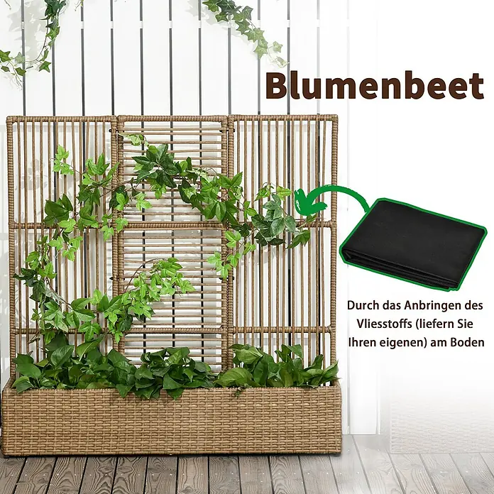 Outsunny Hochbeet - 103 x 103 x 29 cm, Stahl, Beige - Braunes Rattan-Pflanzgefäß mit integriertem Spalier, geeignet für Kletterpflanzen.
