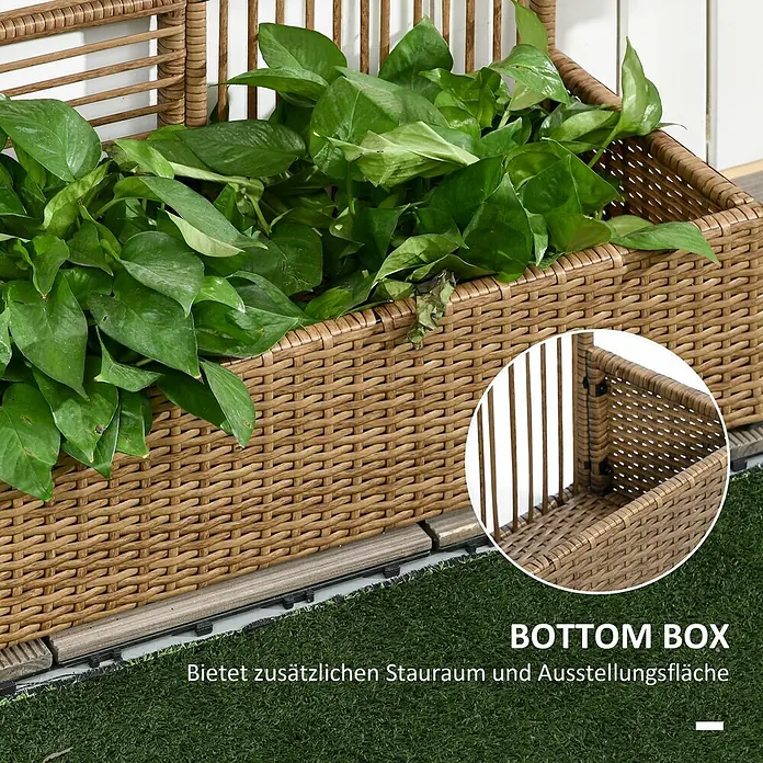Outsunny Hochbeet - 103 x 103 x 29 cm, Stahl, Beige - Brauner Pflanzkasten im Rattan-Stil mit Grünpflanzen, mit unterem Stauraum/Ausstellungsfach.