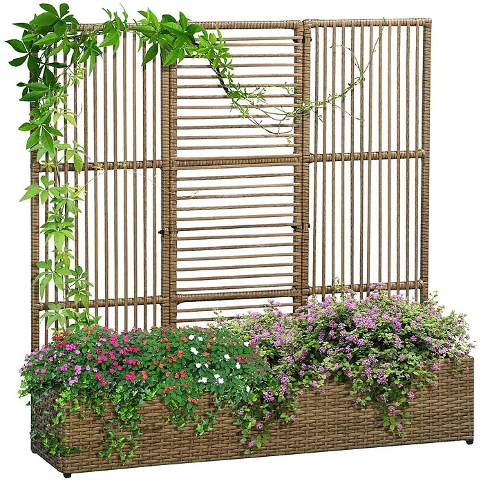 Outsunny Hochbeet - 103 x 103 x 29 cm, Stahl, Beige - Brauner Rattan-Pflanzkasten mit integriertem Spalier, bewachsen mit Kletterpflanzen und Blumen.