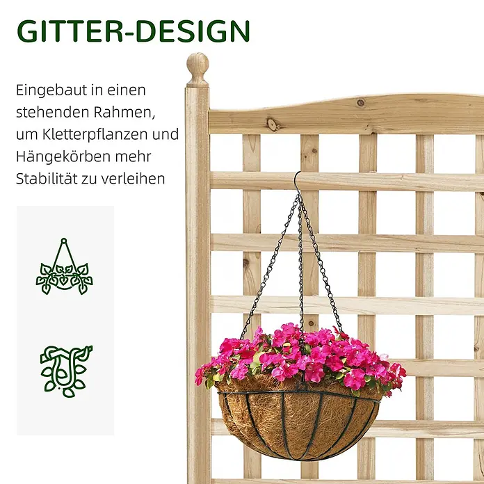 Outsunny Hochbeet - 64 x 28 x 120 cm, Holz, Naturholz - Hölzernes Gartenspalier im Gitterdesign, das einen hängenden Blumenkorb trägt.