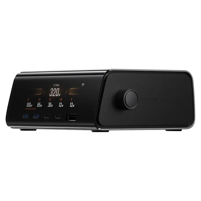 EcoFlow Ladegerät Rapid Pro für Rapid Pro Powerbanks - Schwarz - Schwarzes Ecoflow Rapid Pro Multi-Port-Ladegerät mit Digitalanzeige für 320W und Portdetails, inklusive Drehknopf.