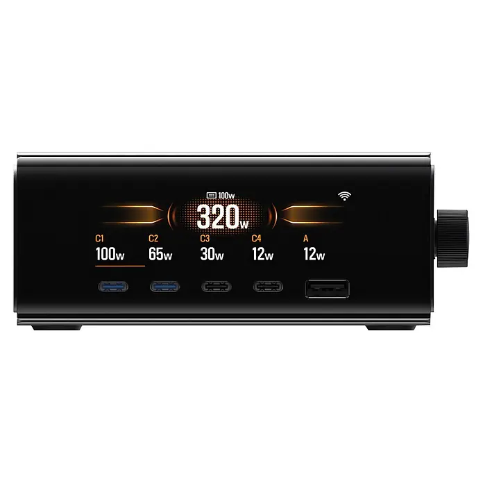 EcoFlow Ladegerät Rapid Pro für Rapid Pro Powerbanks - Schwarz - Elegante schwarze Multi-Port-Ladestation mit Digitalanzeige, die 320W Gesamtleistung und individuelle Stromverteilung für USB-C- und USB-A-Anschlüsse zeigt.