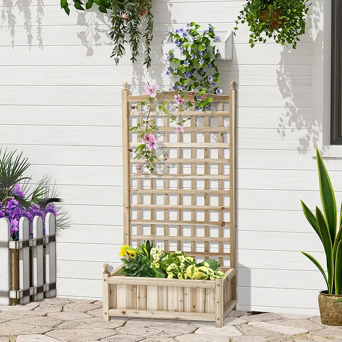 Outsunny Hochbeet - 64 x 28 x 120 cm, Holz, Naturholz - Hölzerner Pflanzkasten mit Spalier, gefüllt mit bunten Blumen, verschönert eine Terrasse.