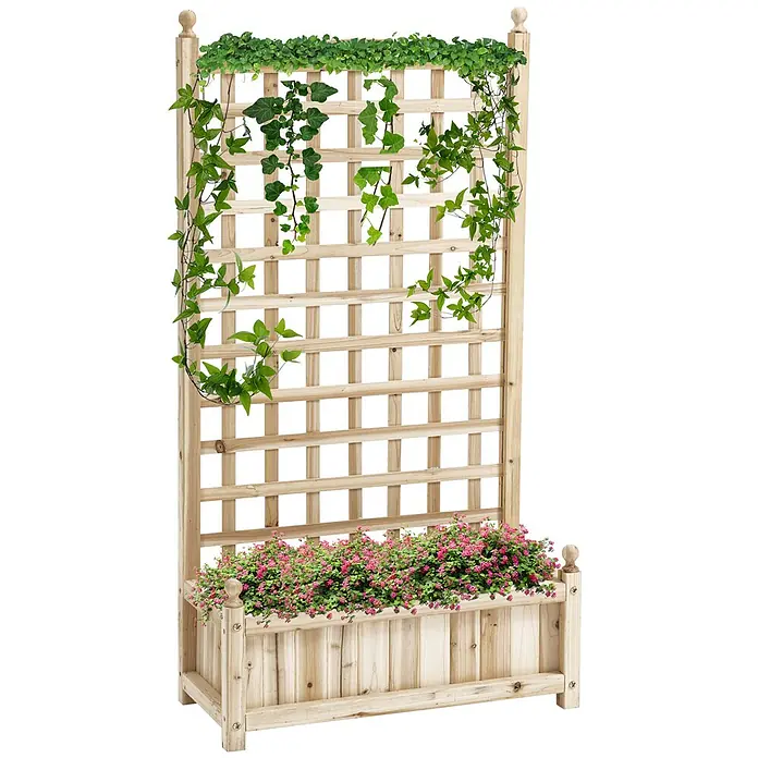 Outsunny Hochbeet - 64 x 28 x 120 cm, Holz, Naturholz - Heller Holzpflanzkasten mit integriertem Spalier, verziert mit künstlichem grünem Efeu und kleinen rosa Blüten.