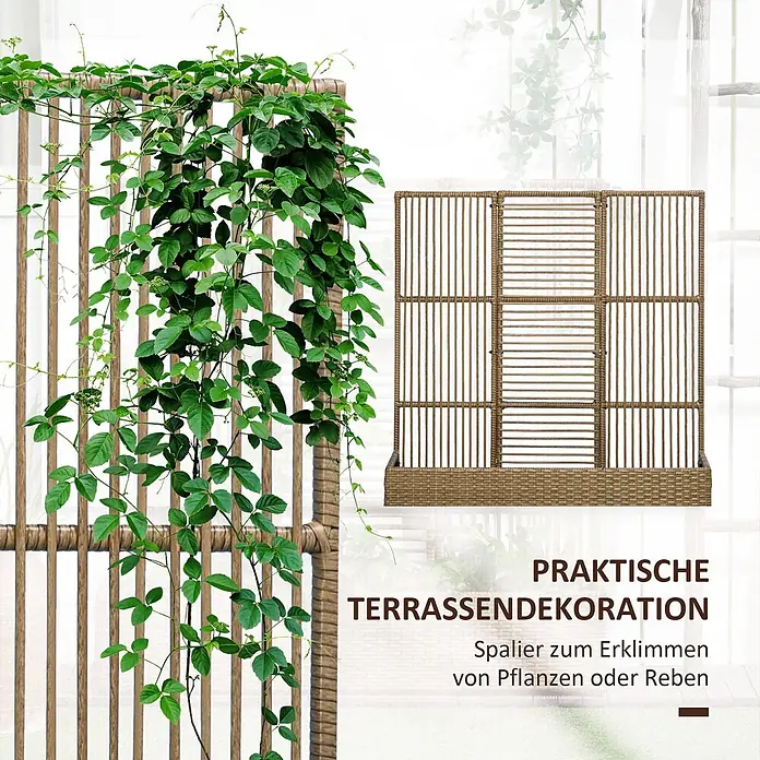 Outsunny Hochbeet - 103 x 103 x 29 cm, Stahl, Beige - Braunes Rankgitter im Rattan-Look für Kletterpflanzen, auch als dekorativer Sichtschutz nutzbar.