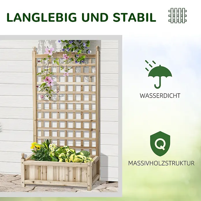 Outsunny Hochbeet - 64 x 28 x 120 cm, Holz, Naturholz - Holz-Pflanzkasten mit Rankgitter und Kletterpflanzen auf einer Terrasse.