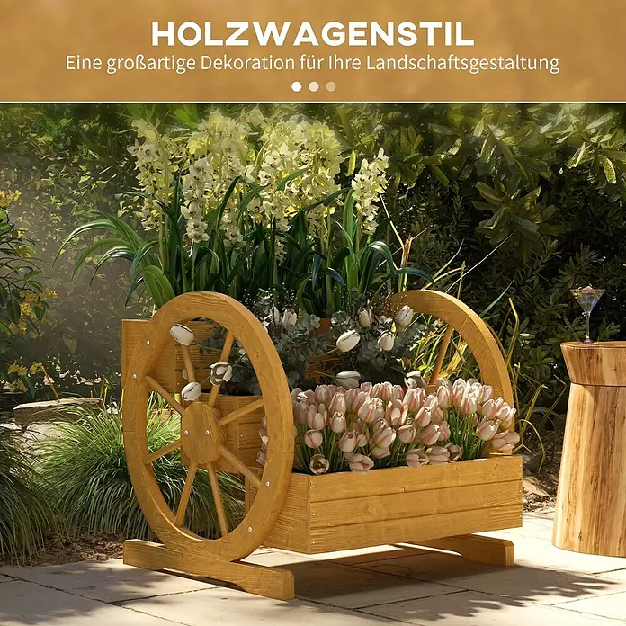 Outsunny Hochbeet - 61 x 62 x 57 cm, Holz, Teak - Hellbrauner hölzerner Wagen-Pflanzkasten mit zwei Rädern, gefüllt mit rosa und weißen Tulpen, in einem sonnigen Garten.