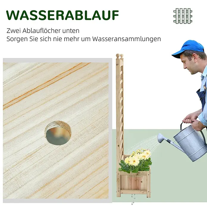 Outsunny Hochbeet - 64 x 28 x 120 cm, Holz, Naturholz - Mann gießt Blumen in einem Holzpflanzgefäß mit Spalier, zeigt ein Drainageloch für effizienten Wasserablauf.