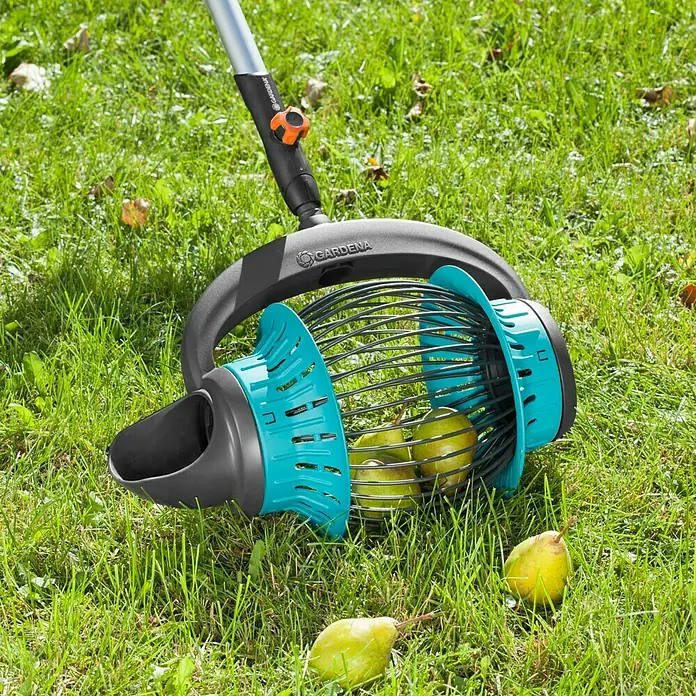 Gardena Combisystem Rollsammler - Mit Stiel, 130 cm - Eine Nahaufnahme eines Gardena Obstsammlers mit einigen Birnen im Korb und auf dem Rasen.