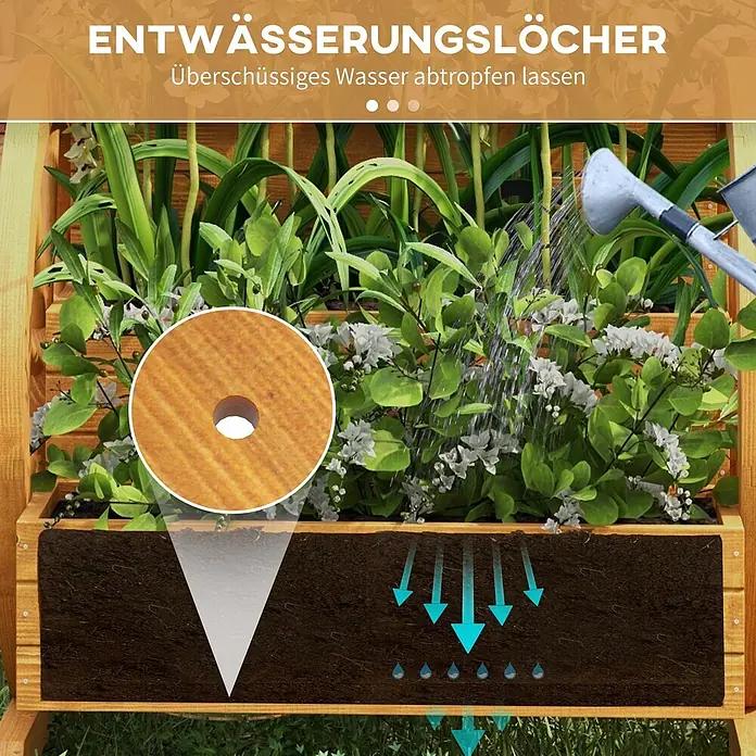 Outsunny Hochbeet - 61 x 62 x 57 cm, Holz, Teak - Hölzernes Pflanzgefäß mit Pflanzen, das bewässert wird und Drainagelöcher für überschüssiges Wasser zeigt.