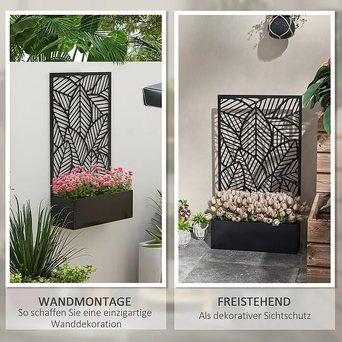Outsunny Hochbeet - 61 x 23 x 113 cm, Metall, Schwarz - Schwarzer Metallschirm mit Blattmuster und Pflanzkasten, als Wanddeko und freistehender Sichtschutz genutzt.