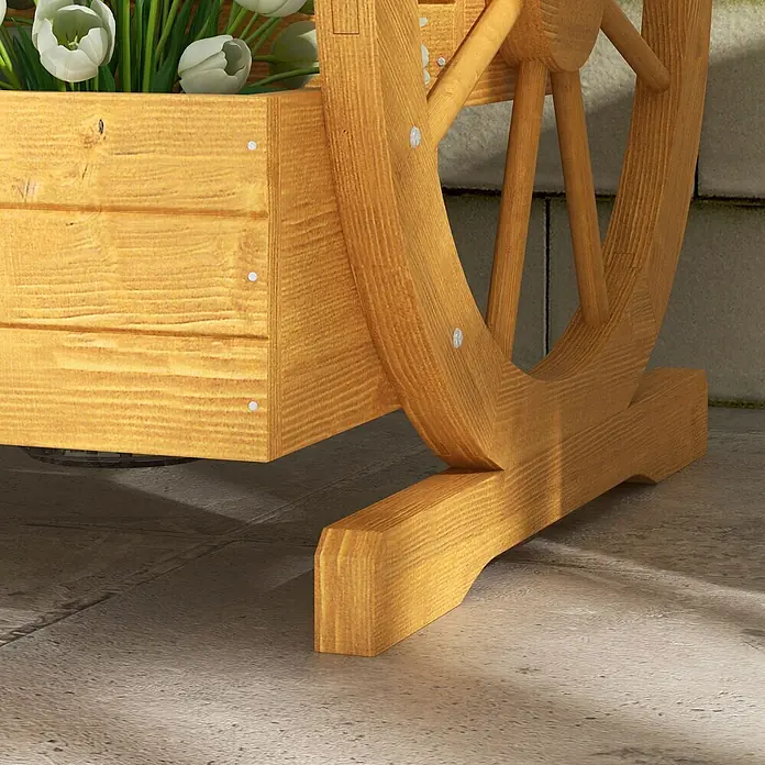 Outsunny Hochbeet - 61 x 62 x 57 cm, Holz, Teak - Heller Holz-Pflanzkasten im Wagenrad-Design mit weißen Tulpen auf einer Terrasse.