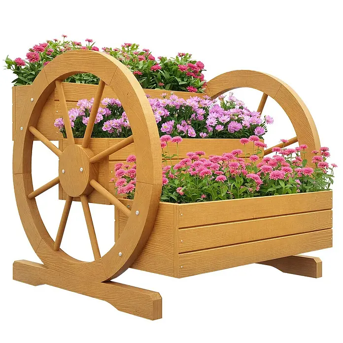 Outsunny Hochbeet - 61 x 62 x 57 cm, Holz, Teak - Hellbrauner Holz-Pflanzwagen mit zwei großen dekorativen Rädern, gefüllt mit rosa und lila Blumen.