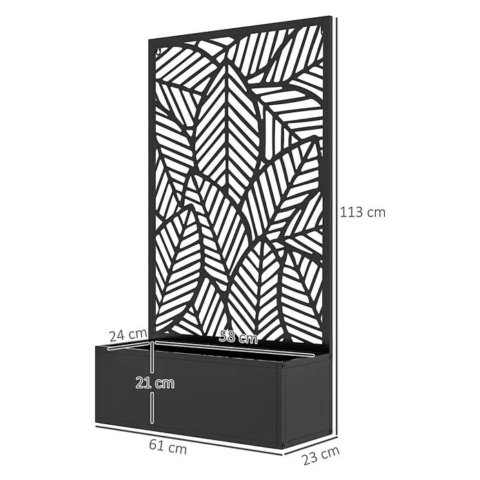 Outsunny Hochbeet - 61 x 23 x 113 cm, Metall, Schwarz - Schwarzer Metall-Sichtschutz mit Blattmuster, integriert in einen rechteckigen Pflanzkasten.