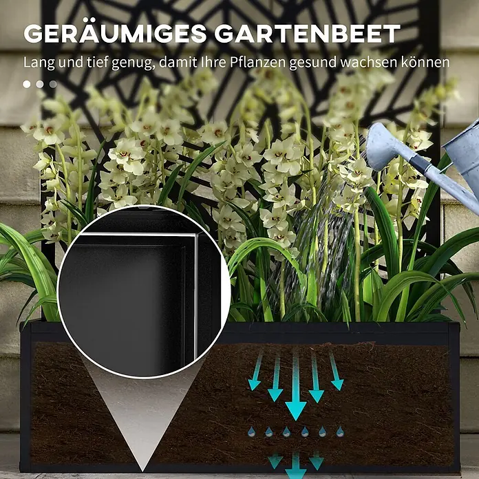 Outsunny Hochbeet - 61 x 23 x 113 cm, Metall, Schwarz - Geräumiges schwarzes rechteckiges Gartenbeet mit Selbstbewässerungssystem für gesundes Pflanzenwachstum.