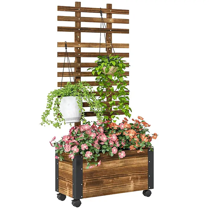 Outsunny Hochbeet - 65 x 31 x 147 cm, Holz, Braun - Mobiler Holz-Pflanzkasten mit Spalier, zwei Hängepflanzen und bunten Blumen. Dunkelbraunes Holz mit schwarzen Akzenten.