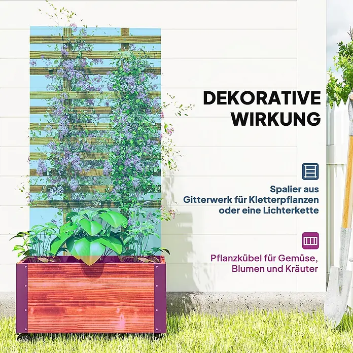 Outsunny Hochbeet - 65 x 31 x 147 cm, Holz, Braun - Holz-Pflanzkübel mit lila Akzenten und integriertem Holzspalier, ideal für Kletterpflanzen oder Lichterketten, bepflanzt mit Grün.