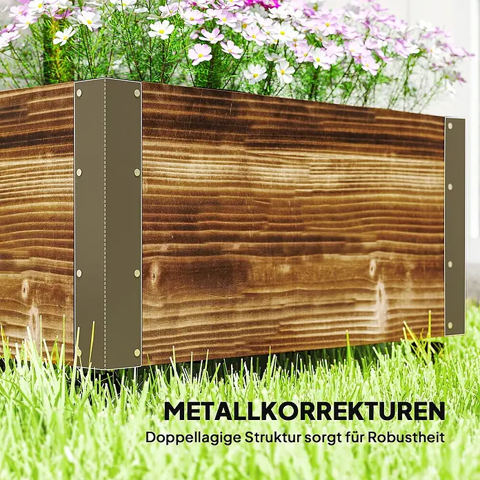 Outsunny Hochbeet - 65 x 31 x 147 cm, Holz, Braun - Robuster Blumenkasten aus Holz mit Metall-Eckverstärkungen und doppelter Struktur, gefüllt mit Blumen.
