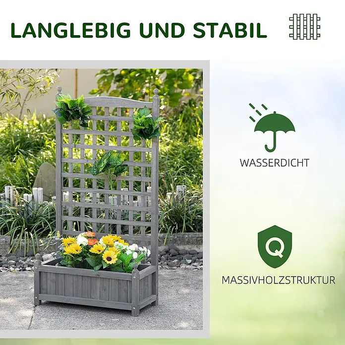 Outsunny Hochbeet - Holz, Hellgrau - Grauer Pflanzkasten aus Holz mit Spalier, gefüllt mit bunten Blumen, in einem Garten.