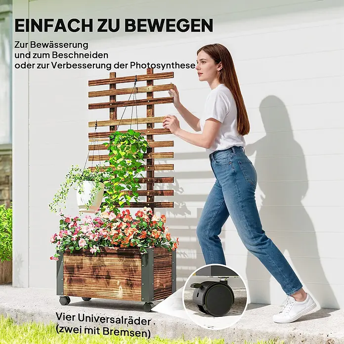Outsunny Hochbeet - 65 x 31 x 147 cm, Holz, Braun - Beweglicher Pflanzkübel aus Holz mit Rankgitter auf vier Rollen (zwei mit Bremsen), von einer Frau verschoben.