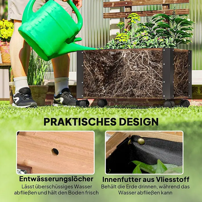 Outsunny Hochbeet - 65 x 31 x 147 cm, Holz, Braun - Hochbeet mit transparenter Seite zeigt Wurzeln, Ablauflöcher und Vliesfutter. Eine Person gießt Pflanzen.
