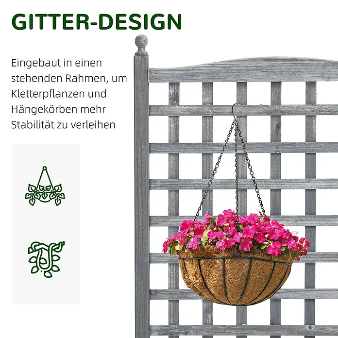 Outsunny Hochbeet - Holz, Hellgrau - Graues Holzgitter mit einem Hängekorb voller pinker Blumen. Bietet Stabilität für Kletterpflanzen und Hängekörbe.