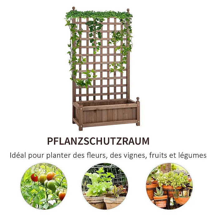 Outsunny Hochbeet - Holz, Dunkelbraun - Pflanzkasten aus Holz mit Spalier, verziert mit Efeu. Ideal für Blumen, Reben, Obst und Gemüse.
