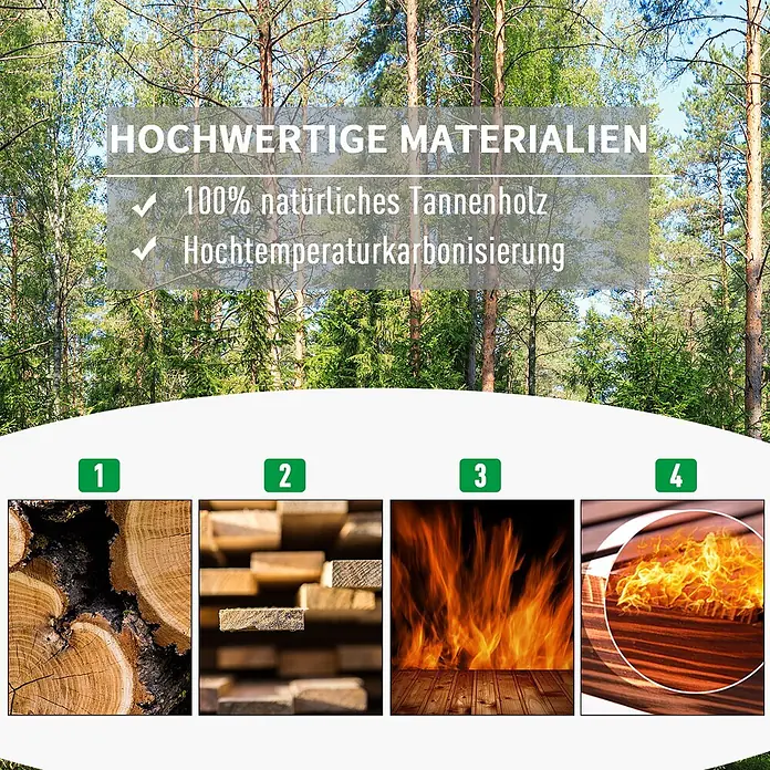Outsunny Hochbeet - Holz, Dunkelbraun - Bild zeigt hochwertige Materialien: Natur-Tannenholz und Hochtemperaturkarbonisierung, illustriert mit Holz- und Feuerbildern.