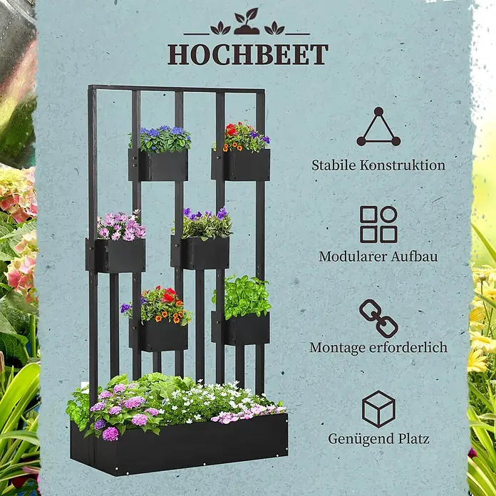 Outsunny Hochbeet - Holz, Schwarz - Schwarzes Vertikalbeet mit mehreren Pflanzgefäßen voller bunter Blumen und grüner Kräuter.