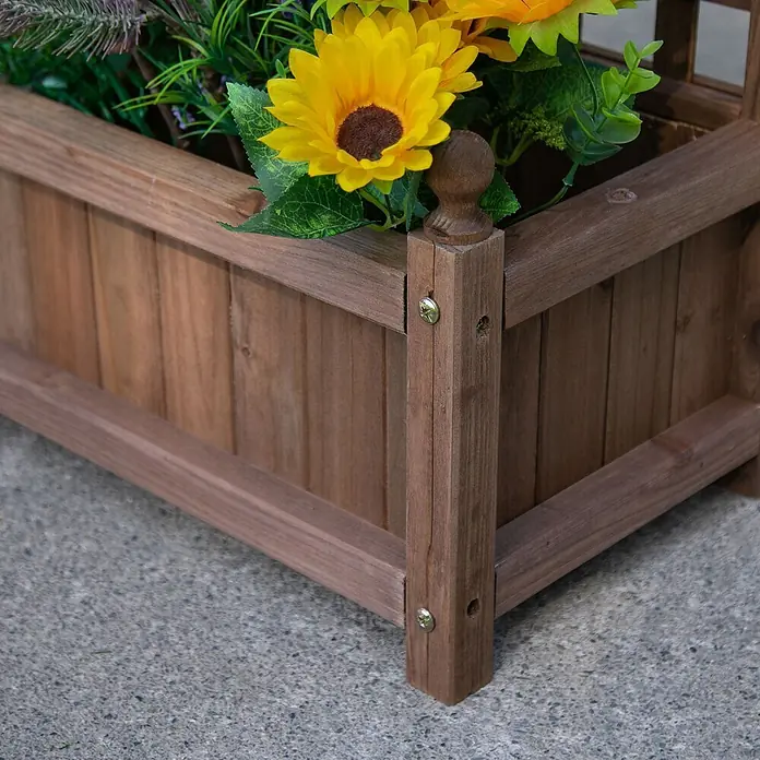 Outsunny Hochbeet - Holz, Dunkelbraun - Brauner Holzpflanzkübel mit künstlichen Sonnenblumen.