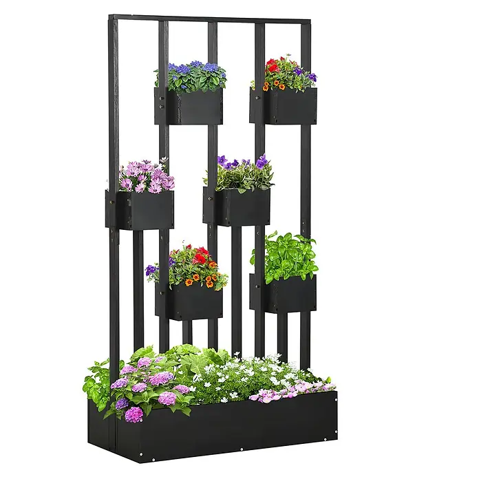 Outsunny Hochbeet - Holz, Schwarz - Schwarzes vertikales Pflanzregal aus Holz mit mehreren Töpfen voller bunter Blumen und Grünpflanzen.