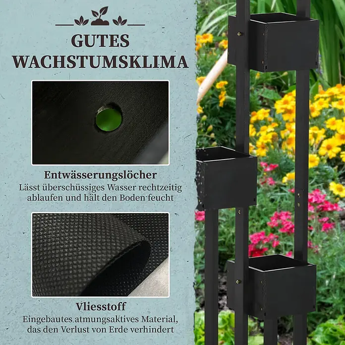 Outsunny Hochbeet - Holz, Schwarz - Schwarzes vertikales Pflanzkasten-System mit Entwässerungslöchern und Vliesstoff, in einem Garten mit Blumen.
