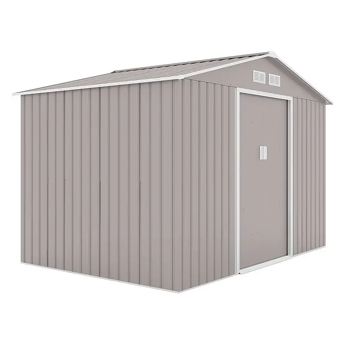 HATTORO Gerätehaus S200 - Außenbreite inkl. Dachüberstand: 277 cm, Außentiefe inkl. Dachüberstand: 191 cm, Stahl, Grau - Hellgrauer Metallgeräteschuppen mit weißer Zierleiste und einer Einzeltür.