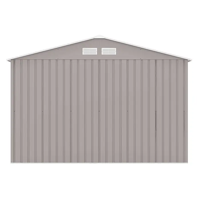 HATTORO Gerätehaus S200 - Außenbreite inkl. Dachüberstand: 277 cm, Außentiefe inkl. Dachüberstand: 191 cm, Stahl, Grau - Graue Wellblech-Gartenhausgiebelwand mit weißer Dachblende und zwei weißen Lüftungsöffnungen.