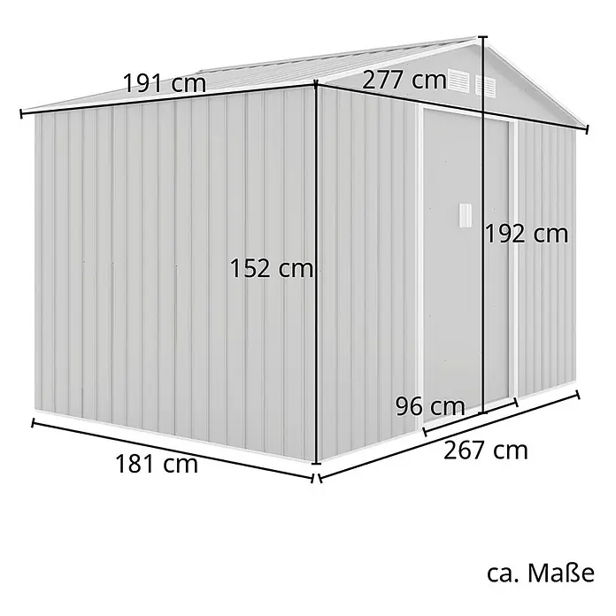 HATTORO Gerätehaus S200 277×191×192cm (BxTxH) - Außenbreite inkl. Dachüberstand: 277 cm, Außentiefe inkl. Dachüberstand: 191 cm, Stahl, Grau - Grauer Metall-Gartenschuppen mit Giebeldach, verschiedene Maße sind angegeben.