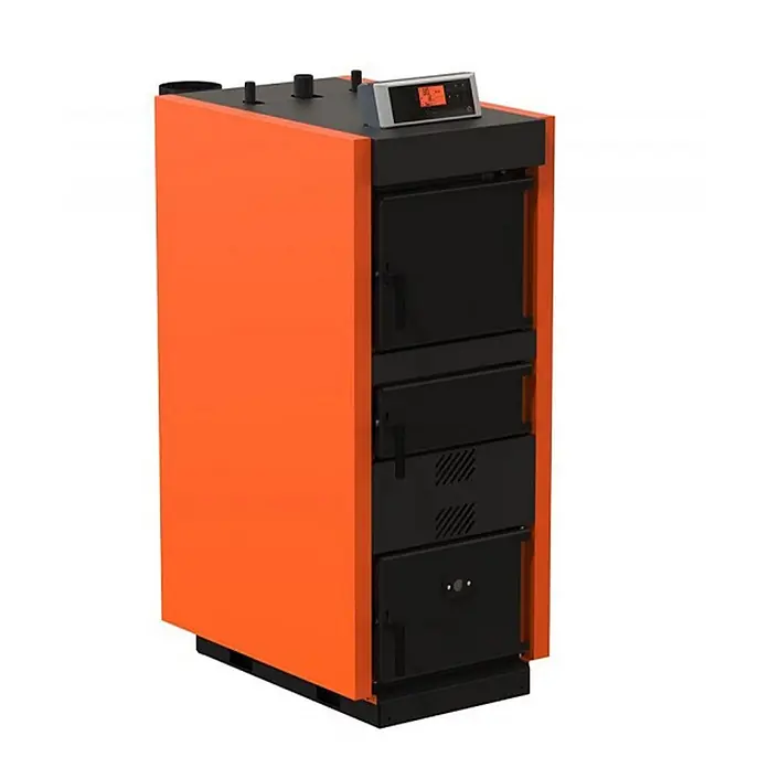 Sannover Kaminofen - 32 kW, Raumheizvermögen: 675 m³, Material Verkleidung: Stahl, Schwarz - Orange-schwarzer Festbrennstoffkessel mit mehreren Türen und Digitalanzeige.