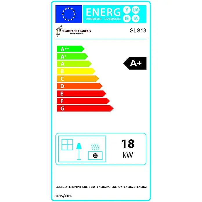 Sannover Kaminofen SLS 18 kW - 18 kW, Raumheizvermögen: 375 m³, Material Verkleidung: Stahl, Schwarz - EU-Energielabel für Chauffage Français SLS18 Heizgerät, Effizienzklasse A+ und 18 kW Leistung.