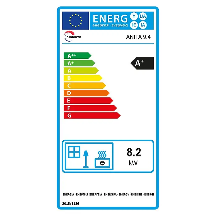 Sannover Pelletofen Anita 9,4 kW weiß - 9,4 kW, Raumheizvermögen: 190 m³, 1,8 kg/h, Farbe Verkleidung: Weiß - Energielabel für Sannover Anita 9.4 Heizung: Klasse A+, 8,2 kW.