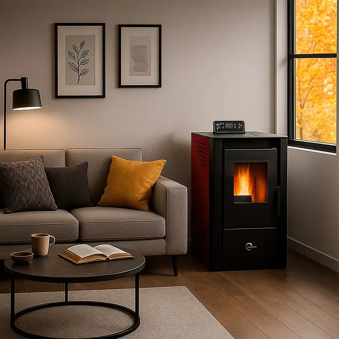 Sannover Pelletofen Anita 9,4 kW Bordeaux - 9,4 kW, Raumheizvermögen: 190 m³, 1,8 kg/h, Farbe Verkleidung: Bordeauxrot - Ein schwarz-roter Pelletofen mit leuchtender Flamme und digitalem Bedienfeld steht in einem gemütlichen Wohnzimmer.