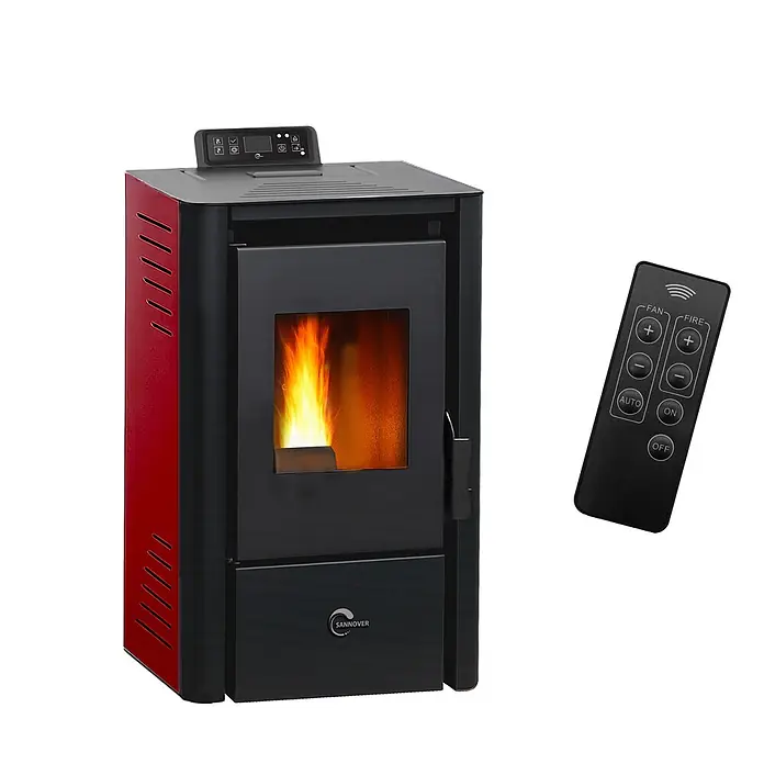 Sannover Pelletofen Anita 9,4 kW Bordeaux - 9,4 kW, Raumheizvermögen: 190 m³, 1,8 kg/h, Farbe Verkleidung: Bordeauxrot - Rot-schwarzer Pelletofen mit sichtbaren Flammen und Fernbedienung.